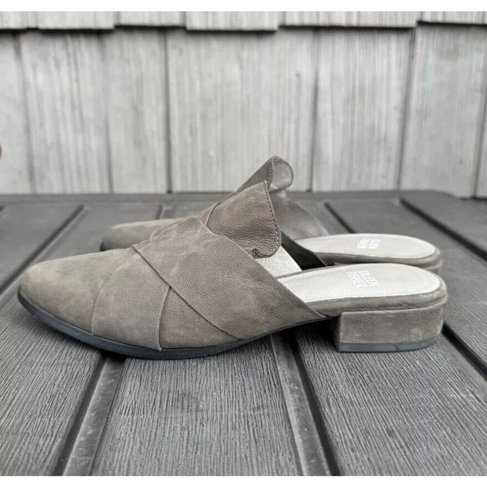 EILEEN FISHER Bauer Crisscross Flat‎ Leather Mules Gray Leather womens 6.5